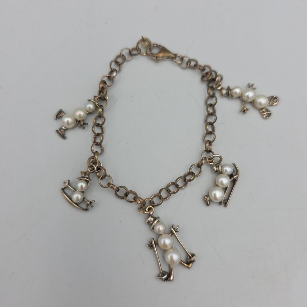Silpada 925 Sterling Silver Pearl Snowmen Charm Bracelet 7 1/2" dangle Christmas